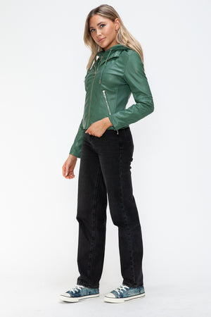 Snobbish Faux Leather Zip Up Drawstring Hooded Jacket - Teresa's Fashionista LLC