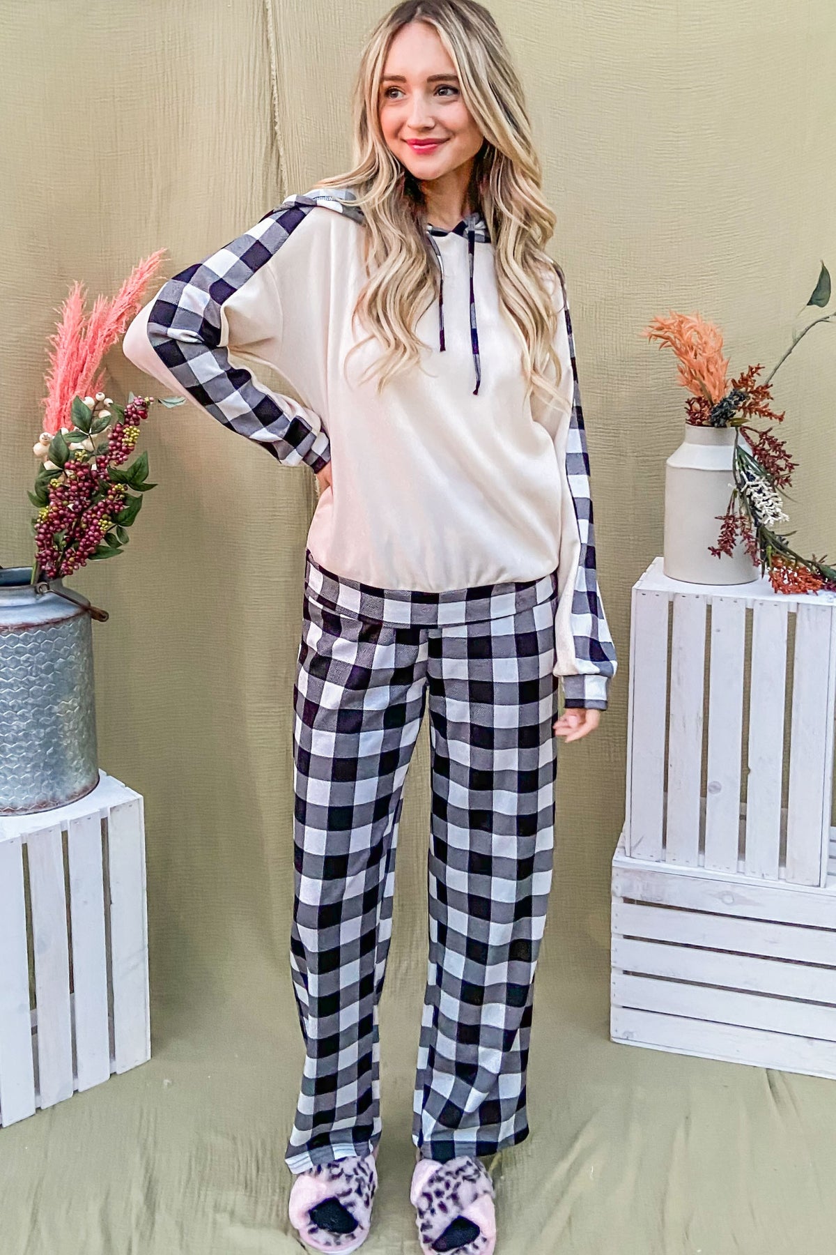 And The Why Drawstring Hooded Top and Plaid Pants Lounge Set - Teresa's Fashionista LLC