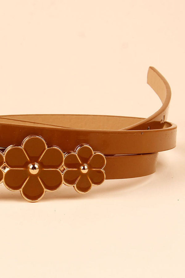 Flower Decor Skinny PU Belt-Teresa's Fashionista LLC