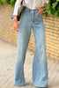 Wide leg jeans with pockets, slightly stretchy, blue denim.