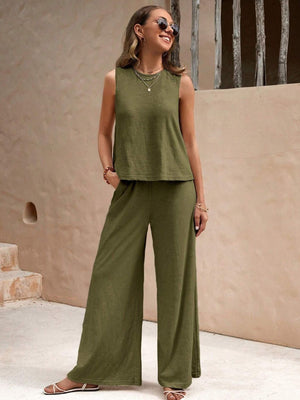 Round Neck Sleeveless Top and Wide Leg Pants Set-Teresa's Fashionista LLC