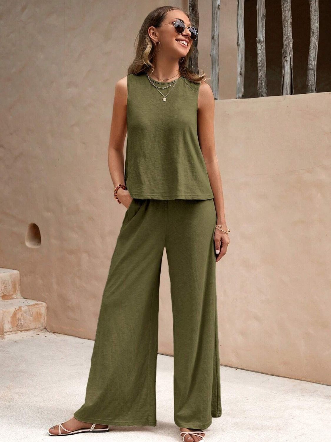 Round Neck Sleeveless Top and Wide Leg Pants Set-Teresa&#39;s Fashionista LLC