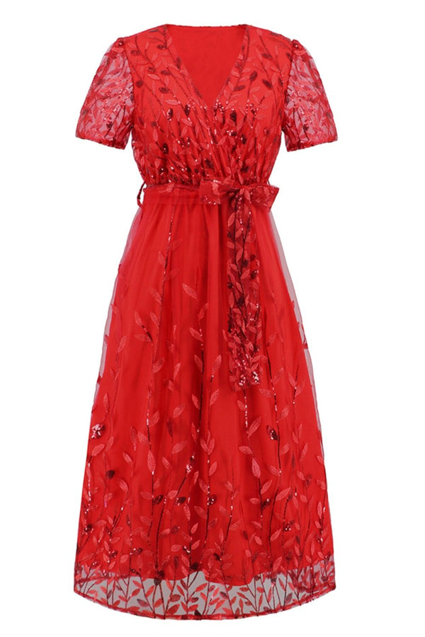 Sequin Leaf Embroidery Tie Front Short Sleeve Dress-Teresa's Fashionista LLC
