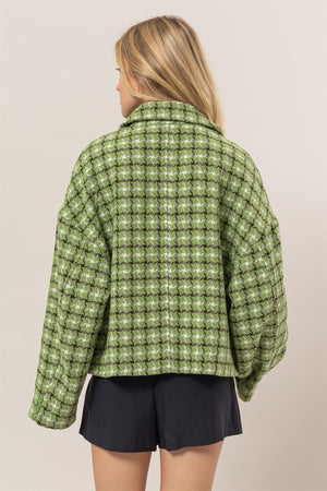HYFVE Tweed Plaid Button Up Collared Neck Jacket - Teresa's Fashionista LLC