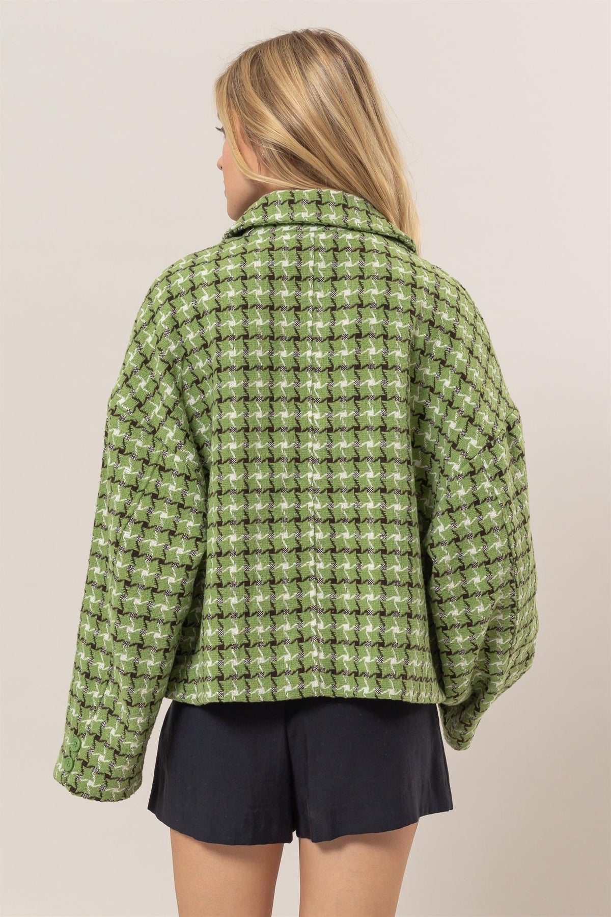 HYFVE Tweed Plaid Button Up Collared Neck Jacket - Teresa's Fashionista LLC