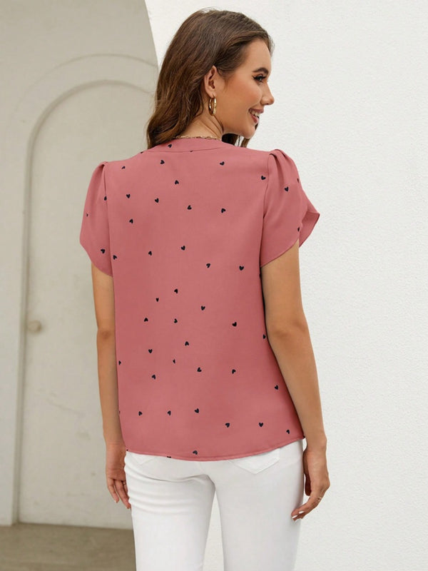 Heart Print Notched Petal Sleeve Blouse-Teresa's Fashionista LLC