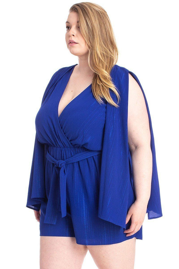 Shimmer Fabric Draped Open Sleeve Romper-Teresa's Fashionista LLC