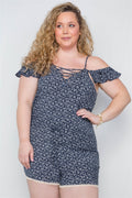 Plus Size Navy Floral Print Lace Up Romper-Teresa's Fashionista LLC