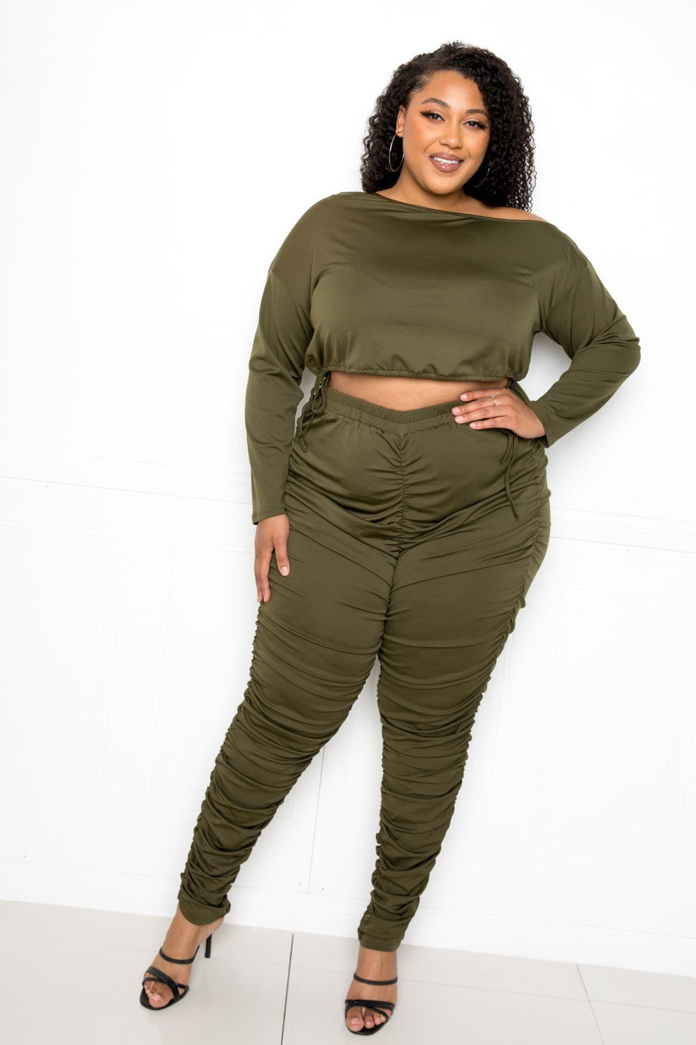 Off Shoulder Cropped Top And Ruched Leggings Sets-Teresa's Fashionista LLC