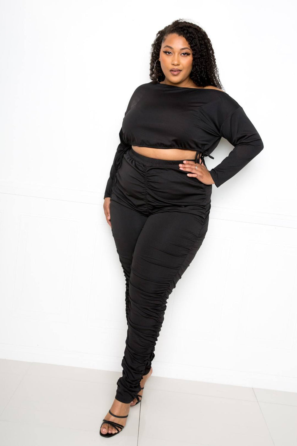 Off Shoulder Cropped Top And Ruched Leggings Sets-Teresa's Fashionista LLC
