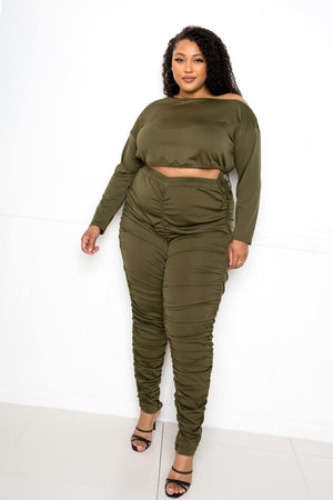 Off Shoulder Cropped Top And Ruched Leggings Sets-Teresa's Fashionista LLC