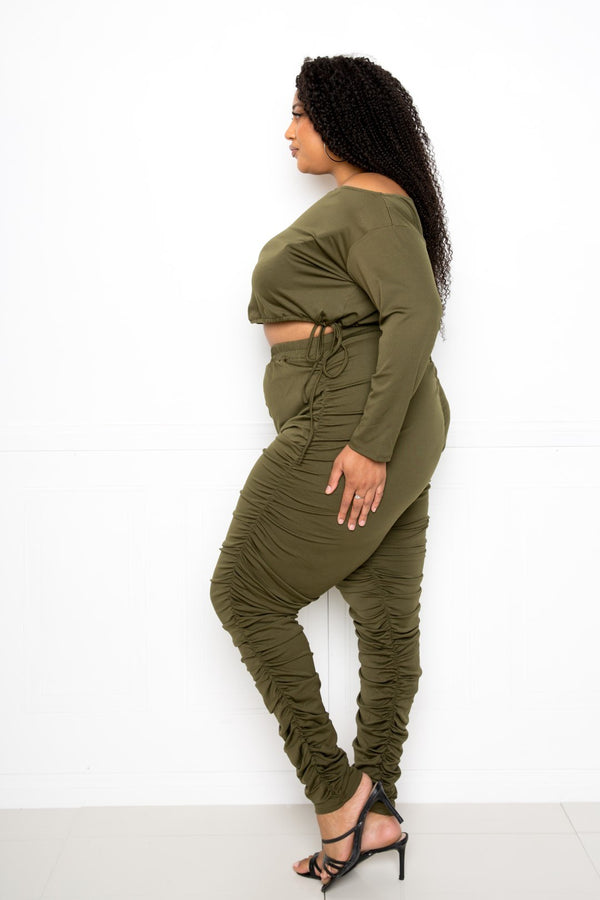 Off Shoulder Cropped Top And Ruched Leggings Sets-Teresa's Fashionista LLC