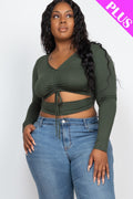 Plus Size Drawstring Ruched Cutout Crop Top-Teresa's Fashionista LLC