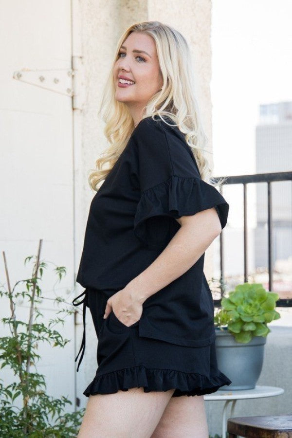 Round Neck Ruffle Sleeve Side Slit French Terry Top-Teresa's Fashionista LLC