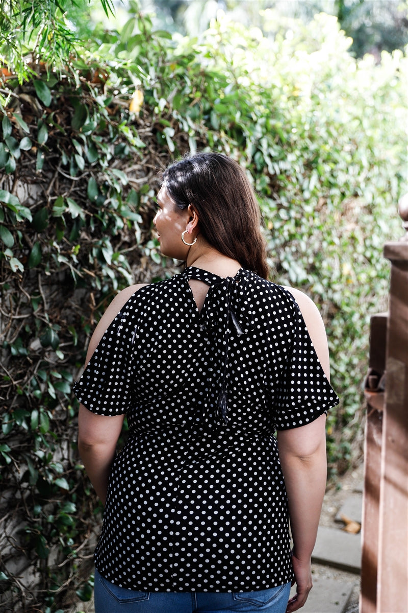 Plus Polka Dot Cold Shoulder Short Sleeve Back Self-tie Top-Teresa&#39;s Fashionista LLC