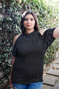 Plus Polka Dot Cold Shoulder Short Sleeve Back Self-tie Top-Teresa's Fashionista LLC