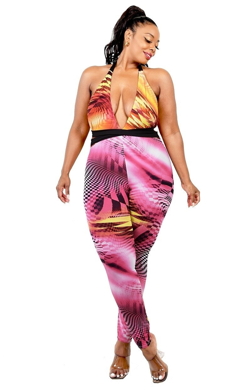 Plus Color Pattern Criss Cross Mock Neck Jumpsuit-Teresa's Fashionista LLC