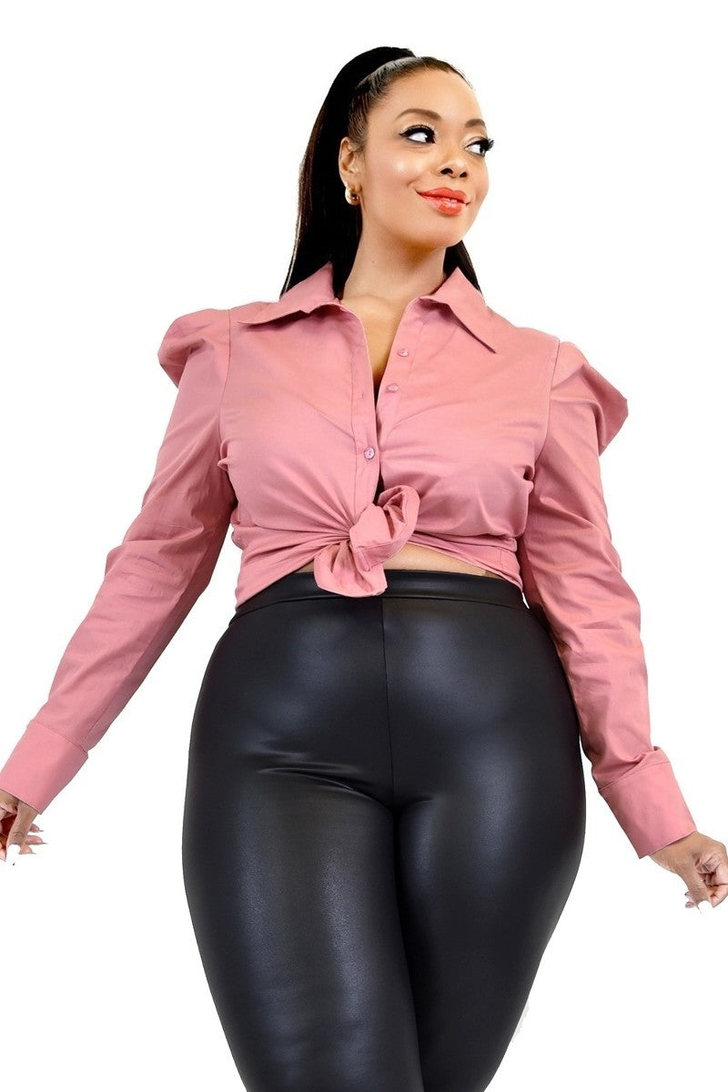 Plus Solid Poplin Puff Sleeve Shirt-Teresa's Fashionista LLC