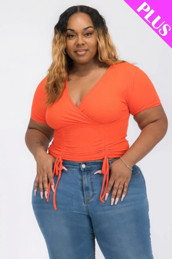 Plus Ribbed Ruched Drawstring Surplice Top-Teresa's Fashionista LLC