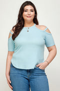 Plus Size, Solid Ribbed Cold Shoulder Top-Teresa's Fashionista LLC