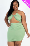 Plus Size Sexy Solid Crisscross Halter Top & Ruched Mini Skirt Set-Teresa's Fashionista LLC