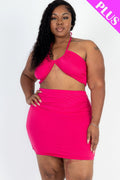 Plus Size Sexy Solid Crisscross Halter Top & Ruched Mini Skirt Set-Teresa's Fashionista LLC