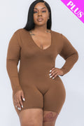 Plus V-neck Long Sleeve Bodycon Romper-Teresa's Fashionista LLC