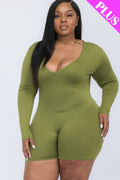 Plus V-neck Long Sleeve Bodycon Romper-Teresa's Fashionista LLC