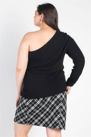Plus Black Ribbed One Shoulder Top-Teresa's Fashionista LLC