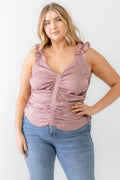 Plus Ruched Button-up Ruffle Strap Smocked Back Tank Top-Teresa's Fashionista LLC