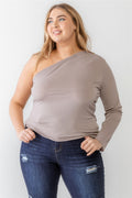 Plus Mocha Textured One Shoulder Top-Teresa's Fashionista LLC