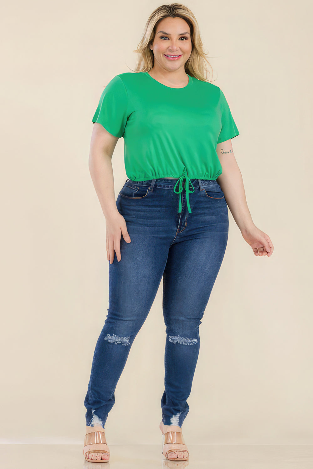 Plus Size Tie Front Drawstring Short Sleeve Crop Top-Teresa's Fashionista LLC