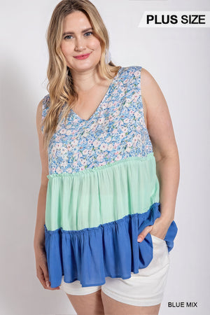 Floral Color Block Ruffle Detail Tiered V-neck Top-Teresa's Fashionista LLC