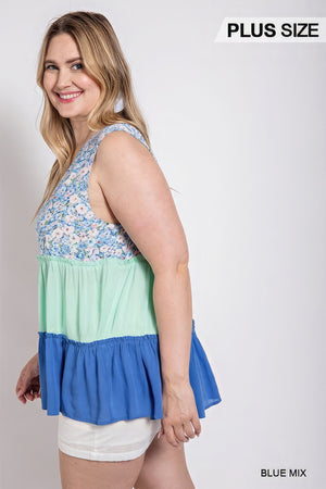 Floral Color Block Ruffle Detail Tiered V-neck Top-Teresa's Fashionista LLC