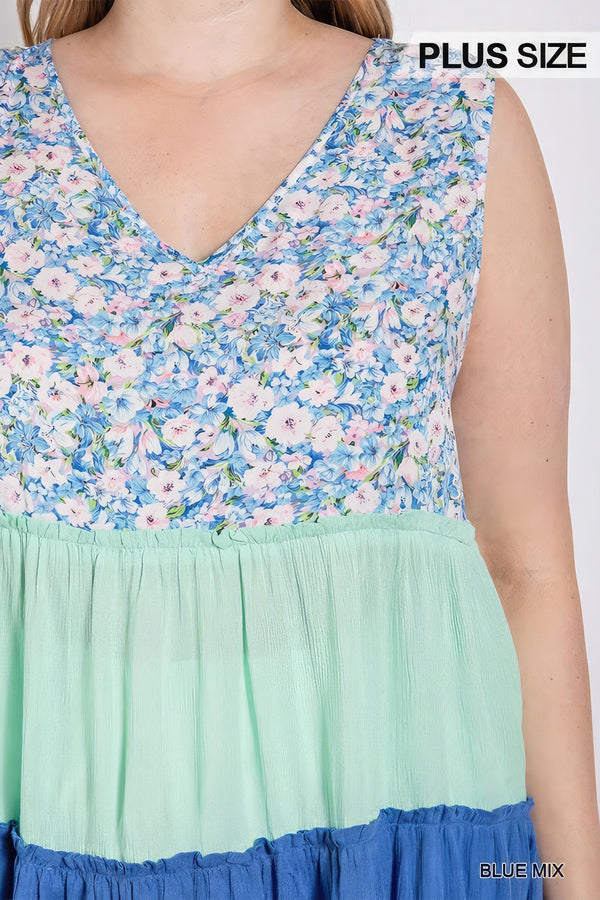 Floral Color Block Ruffle Detail Tiered V-neck Top-Teresa's Fashionista LLC
