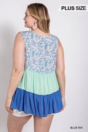 Floral Color Block Ruffle Detail Tiered V-neck Top-Teresa's Fashionista LLC
