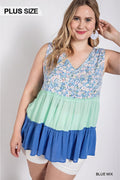 Floral Color Block Ruffle Detail Tiered V-neck Top-Teresa's Fashionista LLC