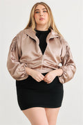 Plus Satin Zip-up Ruched Long Sleeve Cropped Bomber Jacket-Teresa's Fashionista LLC