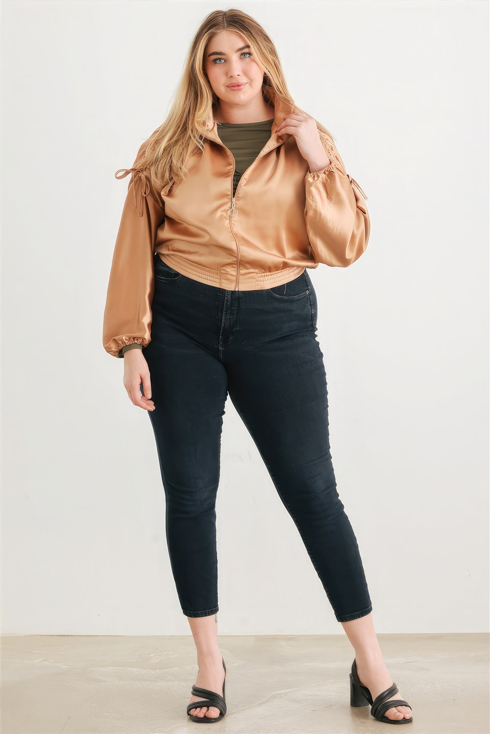 Plus Satin Zip-up Ruched Long Sleeve Cropped Bomber Jacket-Teresa's Fashionista LLC