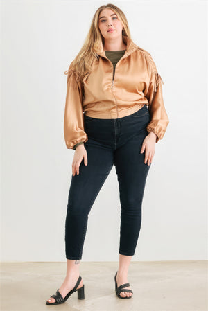 Plus Satin Zip-up Ruched Long Sleeve Cropped Bomber Jacket-Teresa's Fashionista LLC