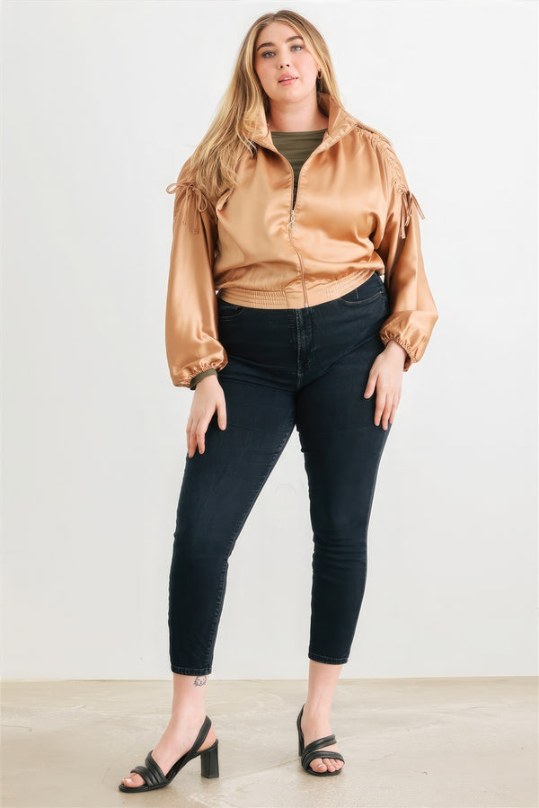 Plus Satin Zip-up Ruched Long Sleeve Cropped Bomber Jacket-Teresa's Fashionista LLC
