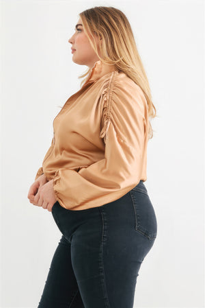 Plus Satin Zip-up Ruched Long Sleeve Cropped Bomber Jacket-Teresa's Fashionista LLC
