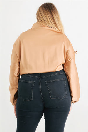Plus Satin Zip-up Ruched Long Sleeve Cropped Bomber Jacket-Teresa's Fashionista LLC
