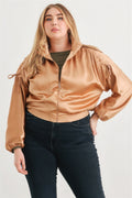 Plus Satin Zip-up Ruched Long Sleeve Cropped Bomber Jacket-Teresa's Fashionista LLC