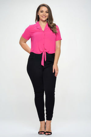 Plus Solid Chiffon Button Down Tie Front Short Sleeve Top-Teresa's Fashionista LLC