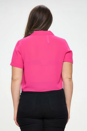 Plus Solid Chiffon Button Down Tie Front Short Sleeve Top-Teresa's Fashionista LLC