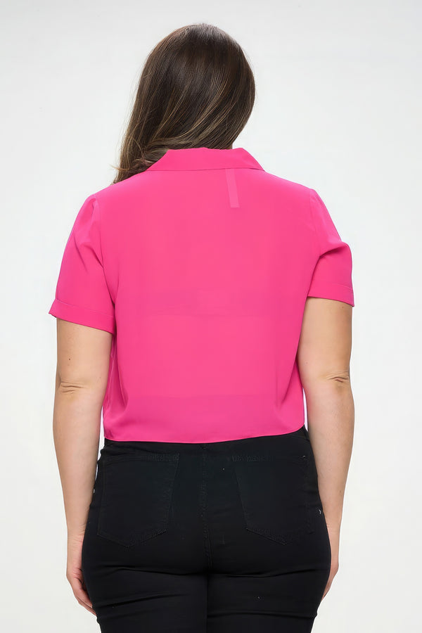 Plus Solid Chiffon Button Down Tie Front Short Sleeve Top-Teresa's Fashionista LLC