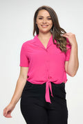 Plus Solid Chiffon Button Down Tie Front Short Sleeve Top-Teresa's Fashionista LLC