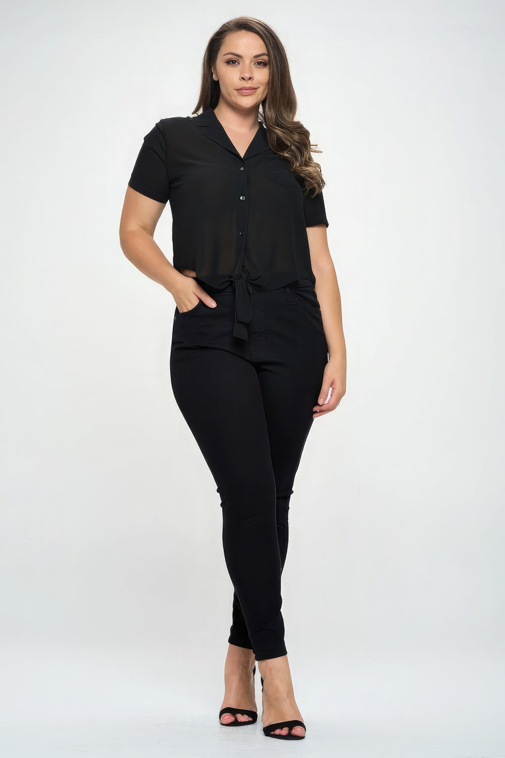Plus Solid Chiffon Button Down Tie Front Short Sleeve Top-Teresa's Fashionista LLC