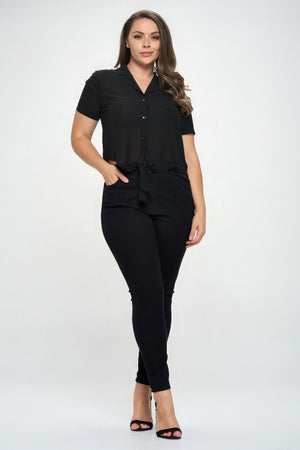 Plus Solid Chiffon Button Down Tie Front Short Sleeve Top-Teresa's Fashionista LLC